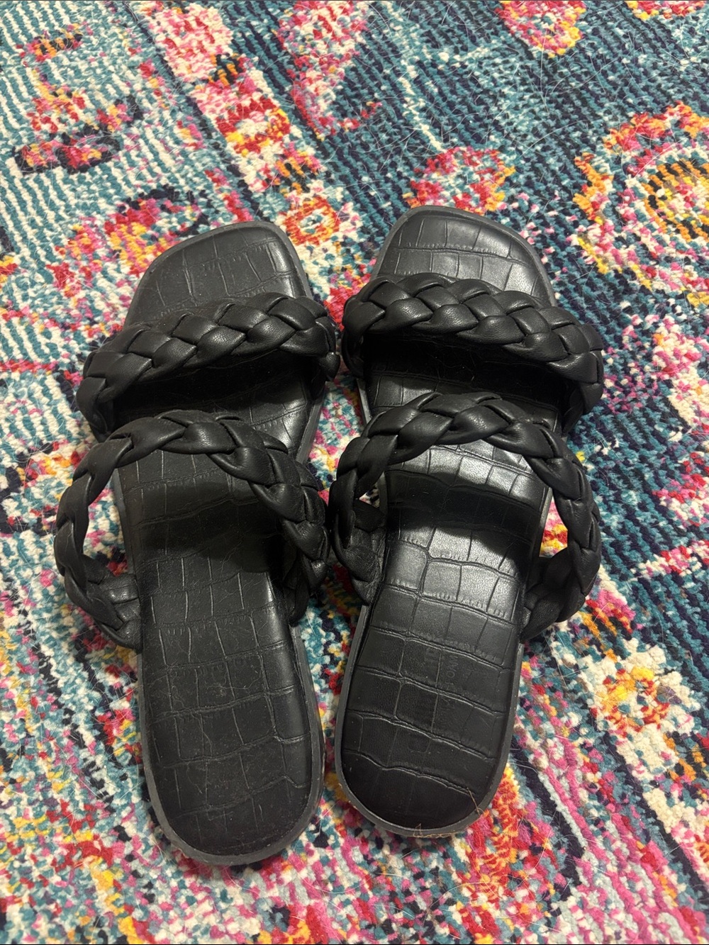 Women's Braided Double-Strap Slide Sandals - Black